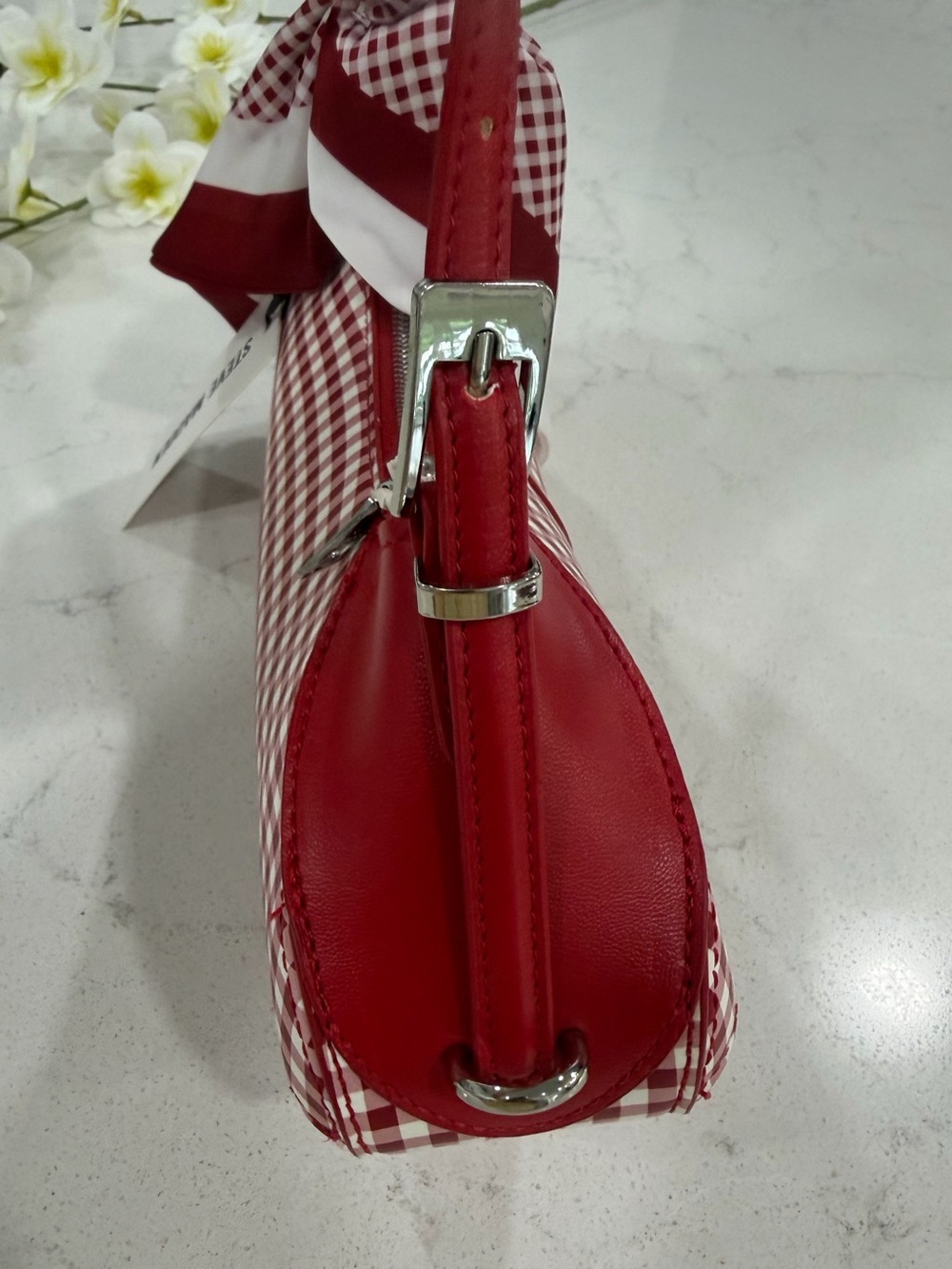 Steve Madden Red and White Gingham Shoulder Bag with Scarf Accent - Picture 8 of 9